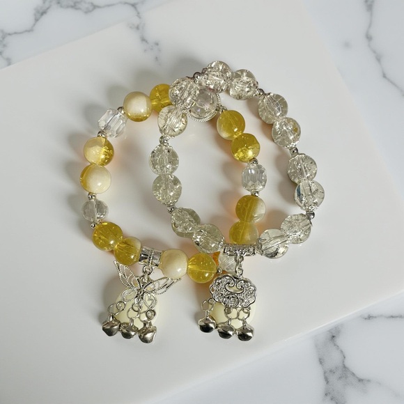 Yellow & White / Clear Beaded Bracelet Stack Handmade Stretch Bracelets - Picture 6 of 7